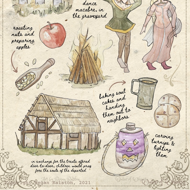 May include: Watercolor illustration depicting various autumn activities. Includes roasting nuts, preparing apples, a bonfire, dancing, baking soul cakes, carving turnips, and a house. Text includes "dance macabre, in the graveyard" and "Art by Regan Ralston, 2021."