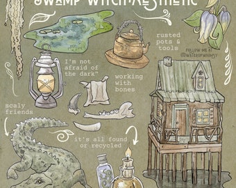 Swamp Witch Watercolor Art Print: Fantasy Wall Decor