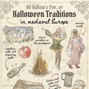 May include: An illustrated guide to Halloween traditions in medieval Europe. The image features a graveyard, figures in masks, a bonfire, an apple, and text that reads "All Hallow's Eve, or Halloween Traditions in medieval Europe."