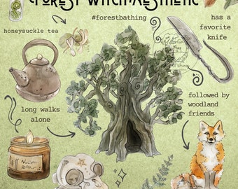 Forest Witch Art Print – Woodland Watercolor Artwork
