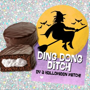 May include: Chocolate-covered snack cakes, one cut open to show a white cream filling. A Halloween-themed graphic features a witch on a broom, bats, and the text "Ding Dong Ditch by a Halloween Witch!"
