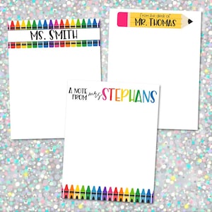 May include: Three blank note cards with colourful crayon borders. The top card has the text "from the desk of MR. THOMAS" and a yellow pencil with a pink eraser. The middle card has the text "A NOTE FROM mrs. STEPHANS". The bottom card has the text "MS. SMITH".