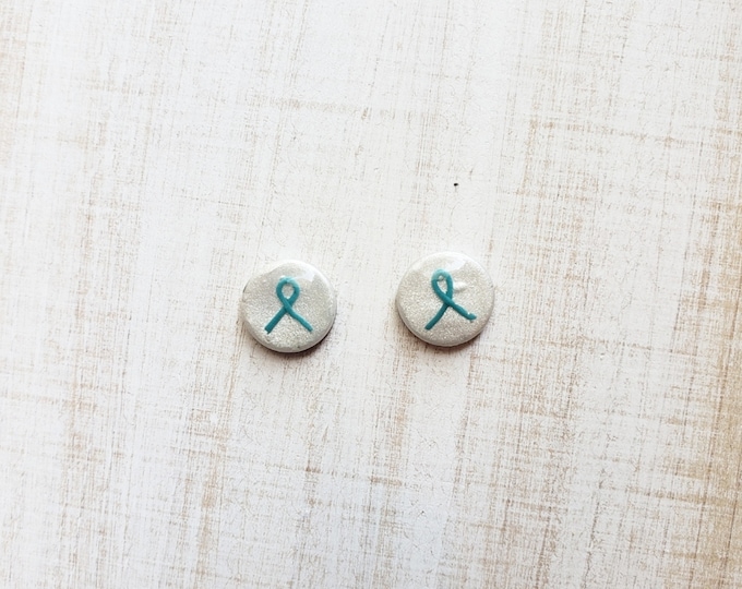 Teal Ribbon Earrings / Polymer Clay Earrings / Handmade Earrings / Stud Earrings / Ovarian Cancer Awareness