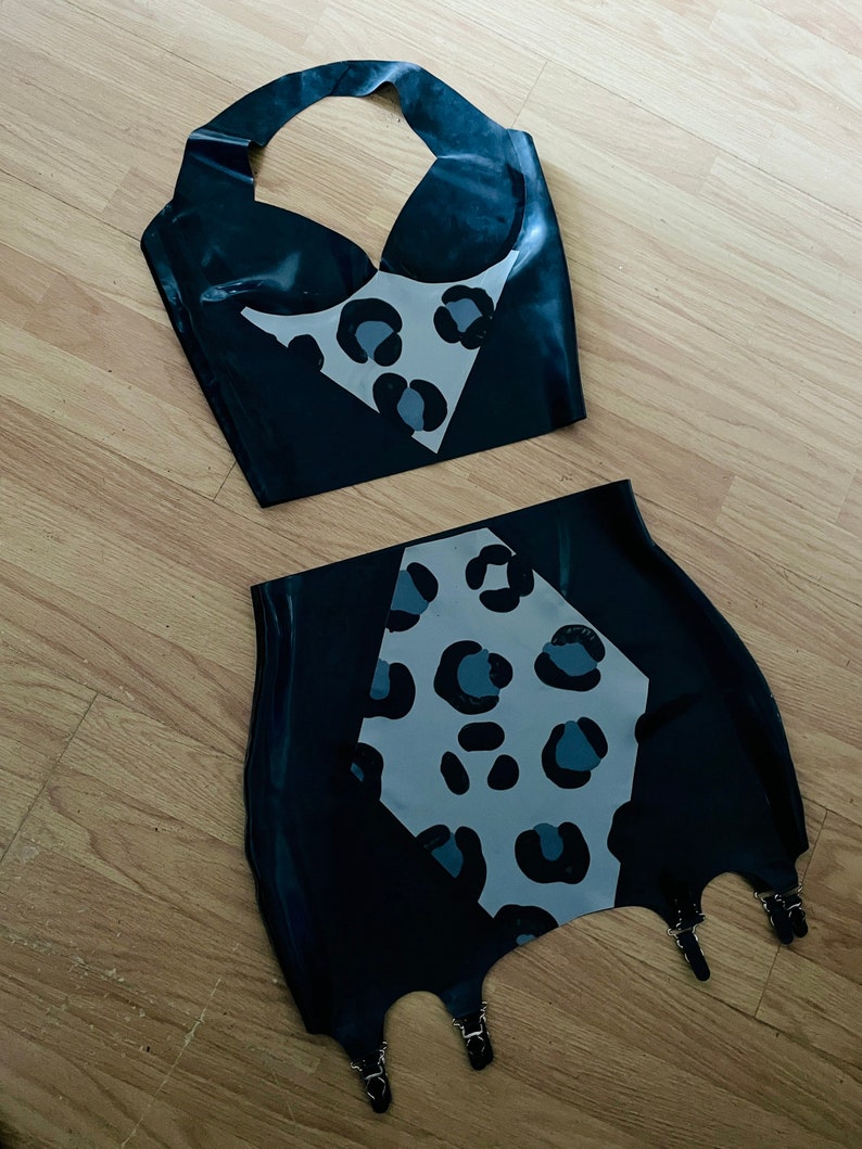 SALE OOAK Latex Leopard & Black Print 8 suspender strap latex skirt. Dead Name Assassin image 2