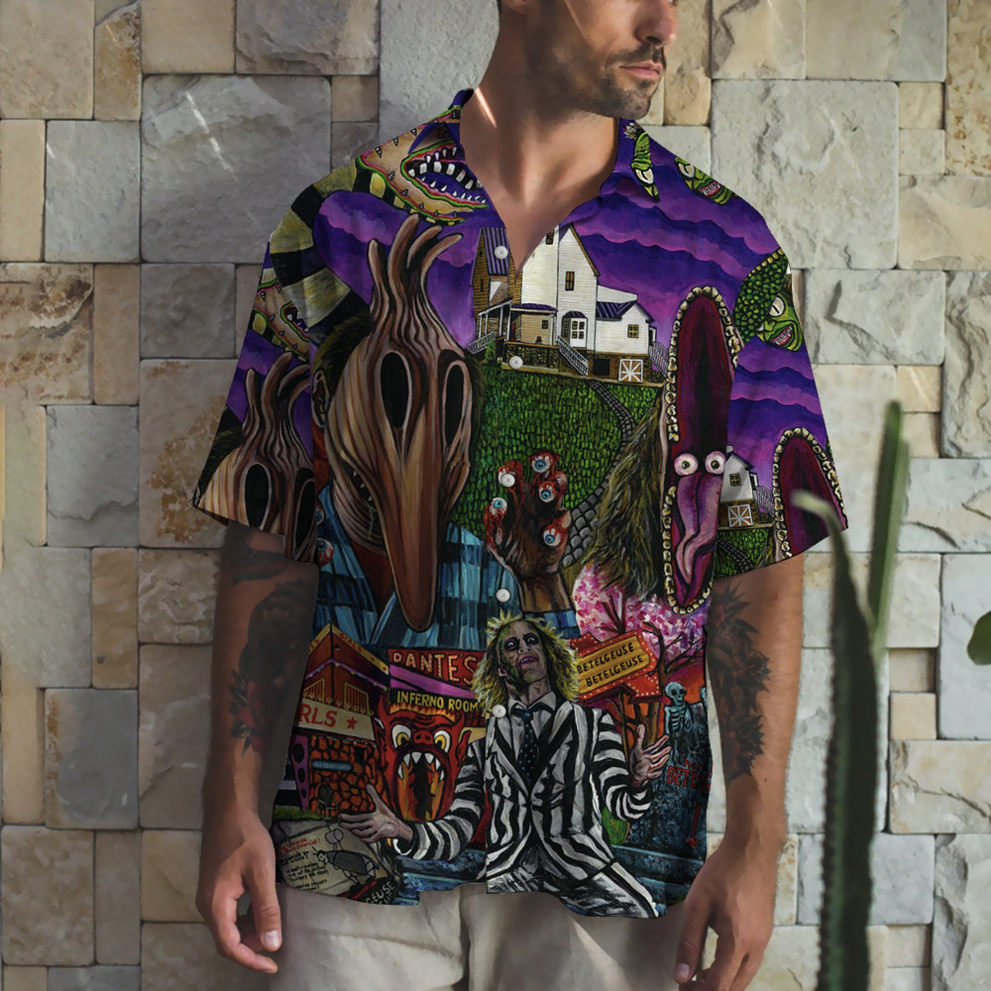 3D Horror Beetlejuice Tropical Hawaiian Shirt, Aloha Shirt, Halloween Beetlejuice  Horror Button Up Shirt For Fans