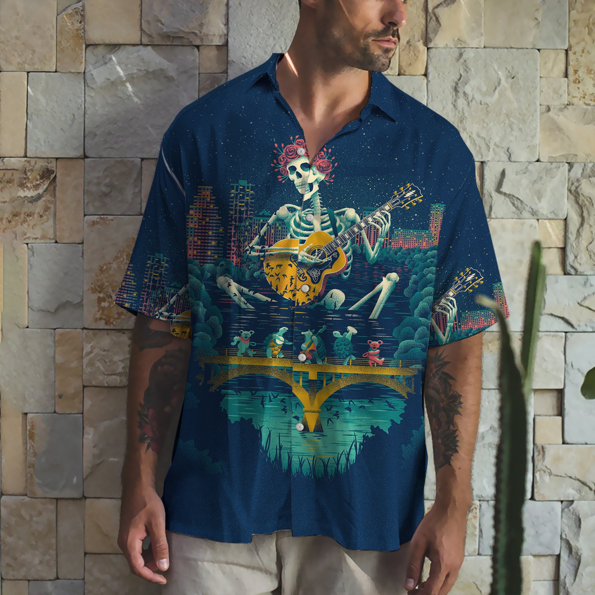 3D Grateful Dead Tropical Hawaiian Shirt, Aloha Shirt, Skull and Dancing Bears Button Up Shirt For Fans, Grateful Dead Aloha Shirt for Fans
