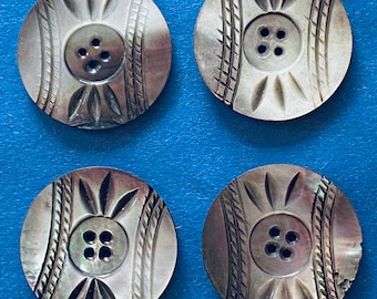 4 ANTIQUE Carved  SMOKEY PEARL Buttons