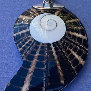May include: A silver pendant featuring a black and white shell with a spiral pattern. The shell is set in a silver frame and hangs from a silver chain.