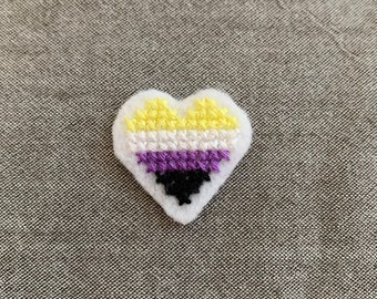 Nonbinary Pride Heart Iron-on Patch Cross Stitch Embroidery LGBTQ Queer Gay Gift Decal