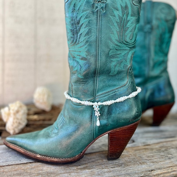 Bridal Boot Bracelet - Perfect Western Wedding Rhinestone and Pearl Cowboy Boot Bling Jewelry Accessory for Country Brides