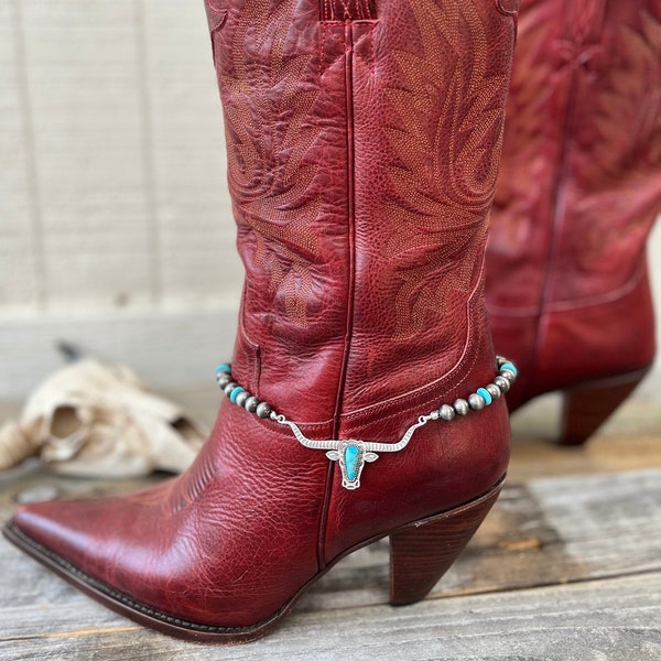 Western Jewelry for Cowboy Boots | Turquoise Longhorn Boot Chain | Navajo Pearls Cowgirl Boot Bling