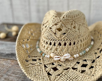 Coastal Cowgirl Western Hat Band | Handmade Beaded Hat Band with Cowrie Shells - Perfect Cowboy Hat Accessory for a Country Concert or Beach