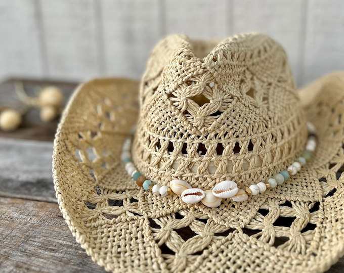 Coastal Cowgirl Western Hat Band | Handmade Beaded Hat Band with Cowrie Shells - Perfect Cowboy Hat Accessory for a Country Concert or Beach