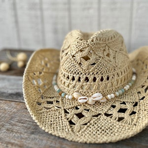 Coastal Cowgirl Western Hat Band | Handmade Beaded Hat Band with Cowrie Shells - Perfect Cowboy Hat Accessory for a Country Concert or Beach