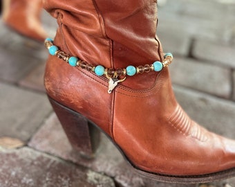 Cow Skull Cowgirl Boot Bracelet - Bull Skull Pendant Turquoise Boot Bling Jewelry Chain for Cowboy Boots, Country Girl Gifts