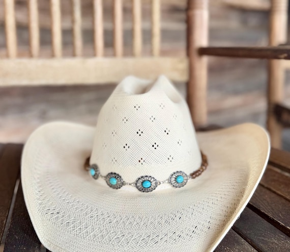 Western Hat Band | Handmade Cowboy Hat Band with Turquoise and Brown Wood Beads and Silver Concho Pendants - Perfect Cowgirl Hat Accessory