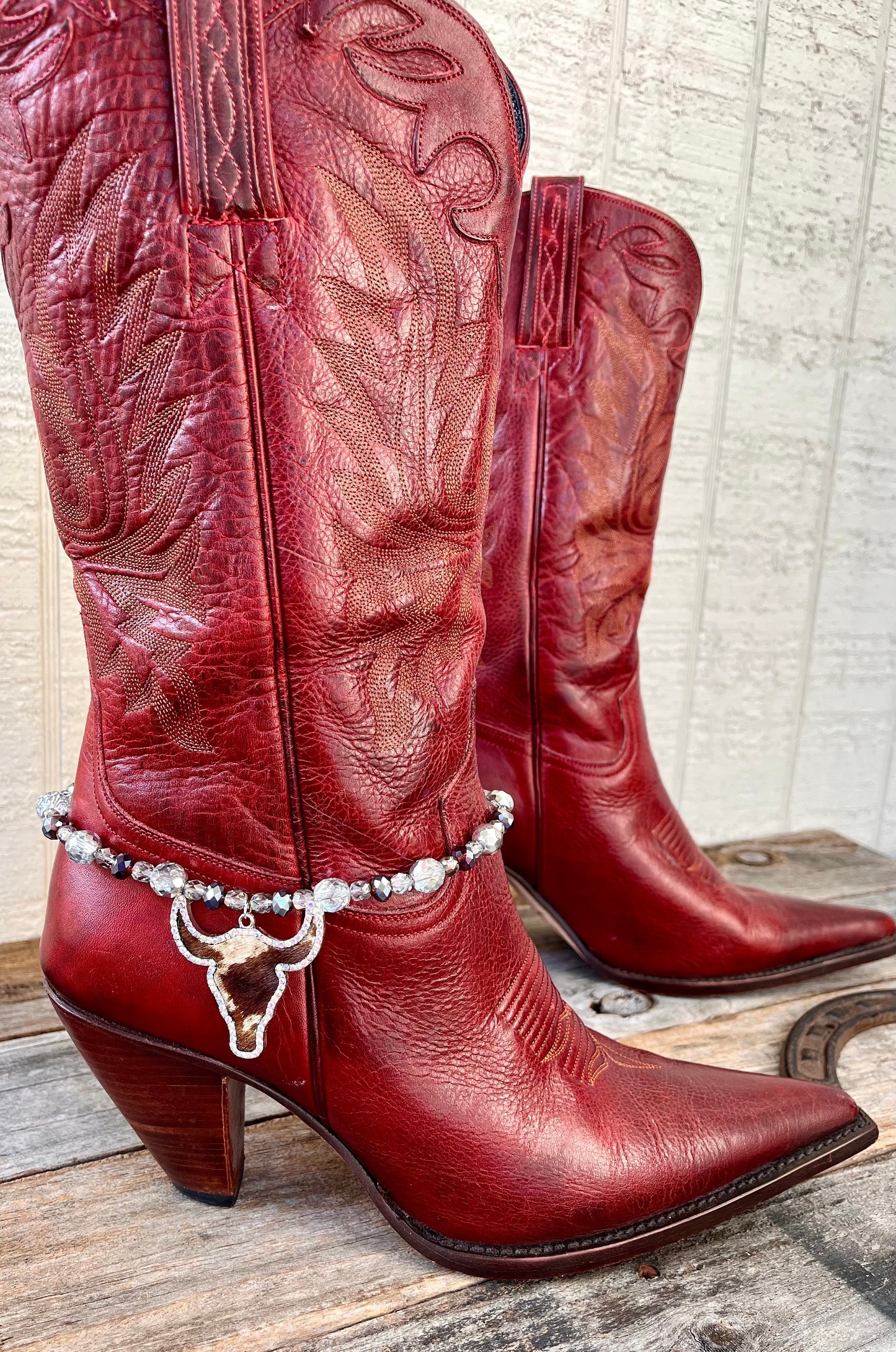 Cow Head Boot Chain Bling for Cowboy Boots | Rhinestone and Crystal Western Jewelry | Cowgirl Boot Bracelet with Hair on Hide Bull Charm