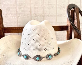 Western Hat Band | Handmade Cowboy Hat Band with Turquoise and Faux Navajo Pearls and Silver Pendants - Perfect Cowgirl Hat Accessory