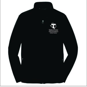 May include: Black zip-up jacket with the Tarleton State University logo and "Animal Science" printed in white. The jacket has a high collar, two side pockets, and a small chest pocket. A practical and stylish outerwear item.