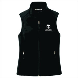 May include: Black vest with a full-length zipper and two side pockets. The vest has a stand-up collar and the text "Tarleton State University" printed in white on the chest. The vest is sleeveless.