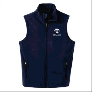 May include: Navy blue vest with a full-length zipper and two side pockets. The vest features the Tarleton State University logo on the upper chest. The vest has a stand-up collar.