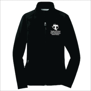 May include: Black fleece jacket with a zipper closure and two pockets. The jacket has a white logo with the text "Tarleton State University, Animal Science" and a stylized "T" inside a Texas outline.