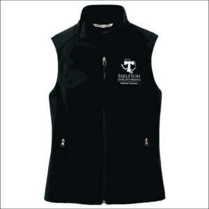 May include: Black vest with a full-length zipper, two side pockets, and a stand-up collar. The vest features the Tarleton State University logo and the words "Animal Science" in white on the upper chest.