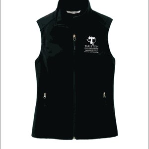 May include: Black vest with a full-length zipper and two side pockets. The vest features the Tarleton State University logo on the chest. The vest has a stand-up collar and a sleeveless design.