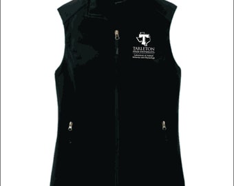 May include: Black vest with a full-length zip and two side pockets. The vest features the Tarleton State University logo on the chest. The vest has a stand-up collar and a sleeveless design.