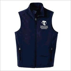 May include: Navy blue vest with a full-length zipper and two side pockets. The vest features the Tarleton State University logo and the words "Animal Science" in white lettering. The vest has a stand-up collar.