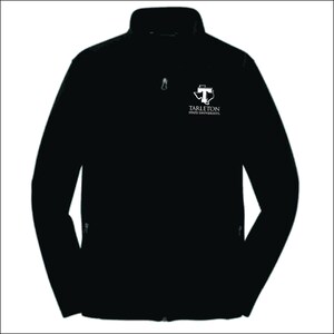 May include: Black zip-up jacket with the Tarleton State University logo in white on the upper left chest. The jacket has a high collar and two side pockets. The university logo features a stylized "T" inside the outline of the state of Texas.