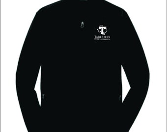 May include: Black zip-up jacket featuring the Tarleton State University logo in white on the upper left chest. The jacket has a high collar and two side pockets. The university logo includes a stylized "T" within the Texas outline.