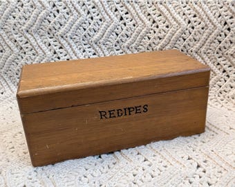 Vintage Wooden Recipe Box Hinged Lid Double Compartment Brown Farmhouse Kitchen