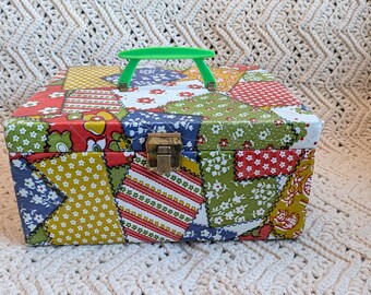 Vintage Quilted Patchwork Sewing Basket Floral Print Storage Box Green Handle