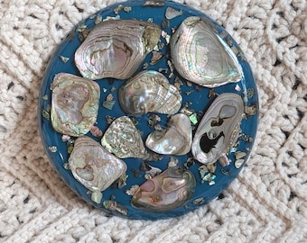Vintage Hyler Enterprises Abalone Shell Resin Trivet Hot Plate Monterey CA Teal
