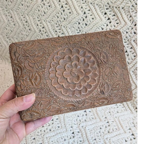 Vintage Hand Carved Wooden Trinket Box Floral Decorative Jewelry Keepsake Chest View 6