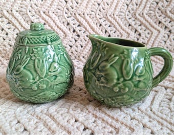 Bordallo Pinheiro Green Rabbit Majolica Sugar Bowl and Creamer Set Portugal