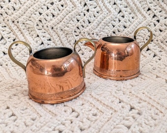 Vintage Copper Cream and Sugar Set Brass Handles Etched Detail 2.5 inch