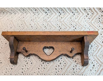 Vintage Rustic Wood Wall Shelf Heart Cutout Pegs Country Farmhouse Decor 15 Inch