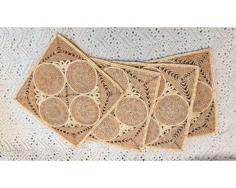 Vintage Woven Straw Placemats Set of 4 Boho Natural Fiber Coiled Geometric Mats