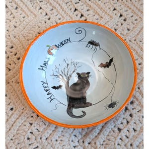 May include: A hand-painted ceramic bowl with a light blue interior and an orange rim. The bowl features a black cat, bats, spiders, and a tree design, with the words "Happy Halloween" written around the rim.