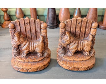 Vintage Scottie Dog Bookends Scottish Terrier Faux Wood Resin Picket Fence Set