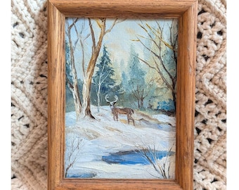 Miniature Winter Landscape Oil Painting Buck Deer in Snow Framed 5x7 Art