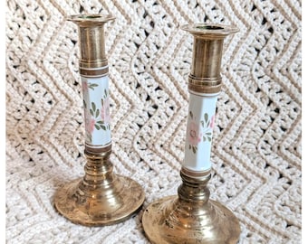 Vintage Solid Brass Floral Porcelain Candlestick Holders Pair Made in Thailand