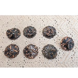 Lot 7 Vintage Floral Cabinet Knobs with Rosettes Copper Bronze Backplates