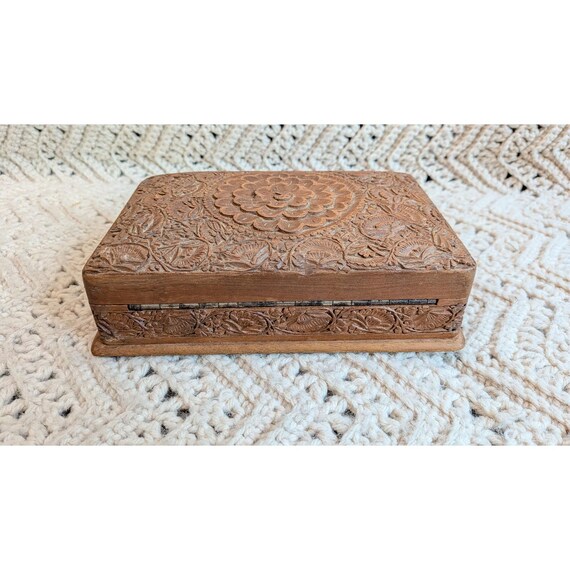 Vintage Hand Carved Wooden Trinket Box Floral Decorative Jewelry Keepsake Chest View 2