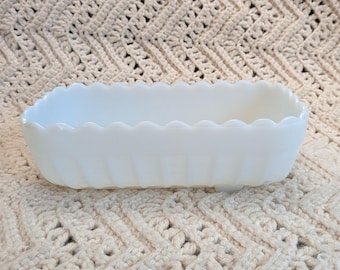 Vintage White Milk Glass Scalloped Rim Rectangular Planter Ribbed Footed Dish