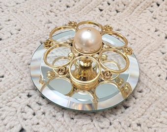 Vintage Irice Gold Filigree Revolving Lipstick Holder Faux Pearl Mirror Base
