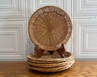 1970s Wicker Bamboo Paper Plate Holders Support Charger Wall Decor, set of 6