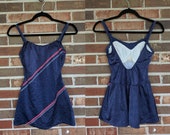 1970s Navy Red White Blue Retro Skirted One Piece Bathing Suit Swimsuit Playsuit, 10 12
